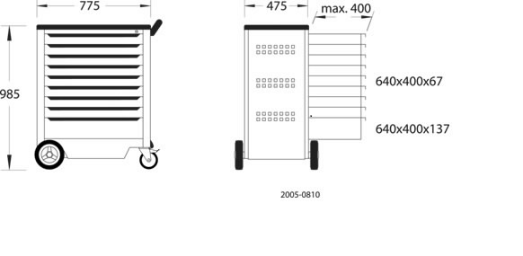 Įrankių vežimėlis 2005 0810, 9 stalčiai, 985x775x475 mm, Gedore 2.