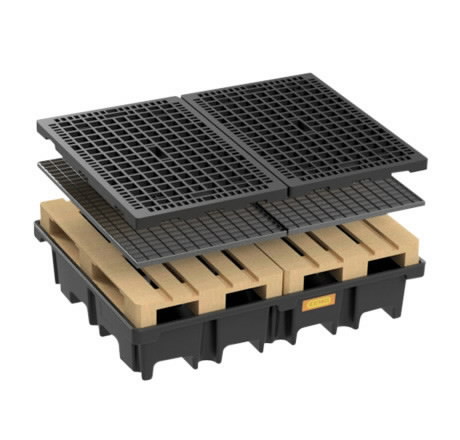 PE pallet sump for 2pc 120 x 80cm, 425 l, with steel grating 
