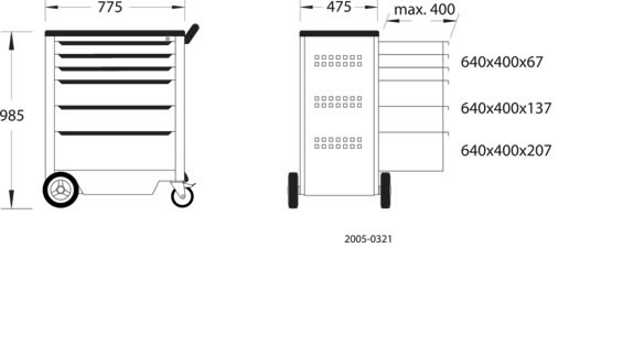 Įrankių vežimėlis 2005 0321, 6 stalčiai, 985x775x475mm  2.