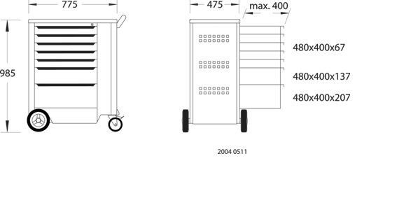 Įrankių vežimėlis 2004 0511 E, 7 stalčiai, 985x775x475 mm 