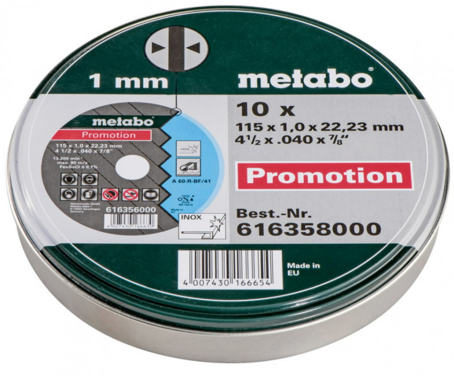 INOX cutting discs 115x1,0x22 mm, A60R, 10 pcs, Metabo
