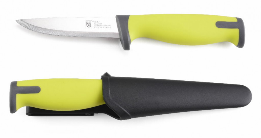 Puukko, keltainen kumipintainen kahva, ruostumaton teräs, Lindbloms