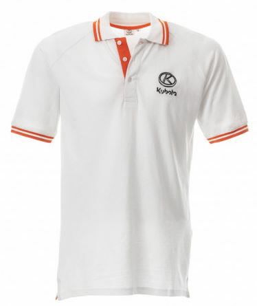 Mens polo, white with orange piping KUBOTA XL