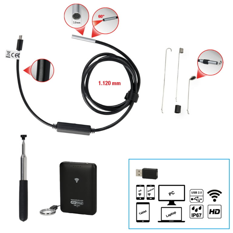 Wi-Fi video scope set with Ų 3.9 mm 0° front camera probe, 7 