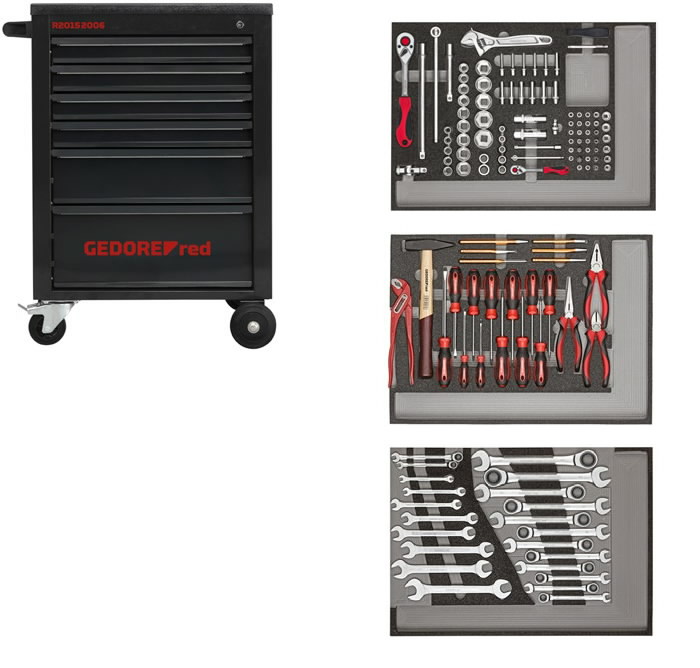 Įrankių vežimėlis MECHANIC, juodas, 6 stalčiių, su 129 vnt., Gedore RED