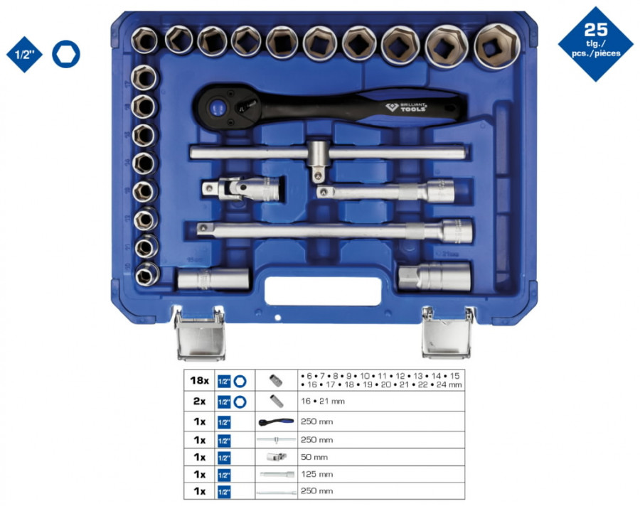 1/2" Socket set, 25pcs, Brilliant Tools Socket sets
