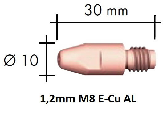 Kosketussuutin E-Cu Al M8x30x10 – 1,2 mm, Binzel