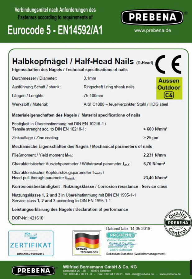 Half head nails 90x3,1 mm, 34° KTS C4 - 3000 pcs, Prebena