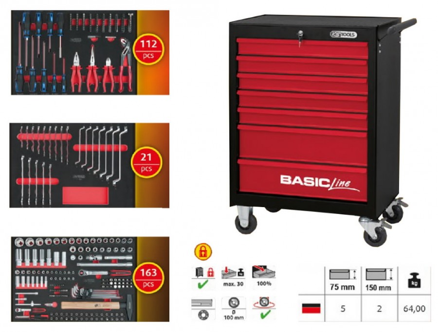 Įrankių vežimėlis BASICline 7 stalčių su 296vnt įrankių rink 