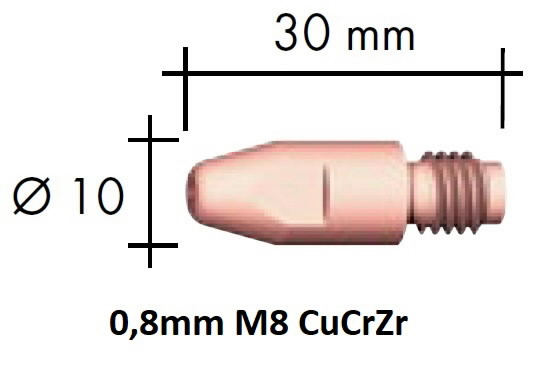 Kosketussuutin CuCrZr M8x30x10 – 0,8 mm, Binzel
