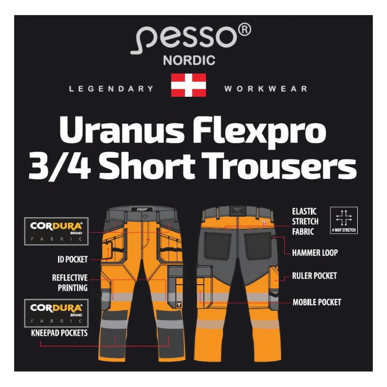 Kelnės 3/4 didelio matomumo Uranus Flexpro CL1,  oranžinė C5 C56 3.