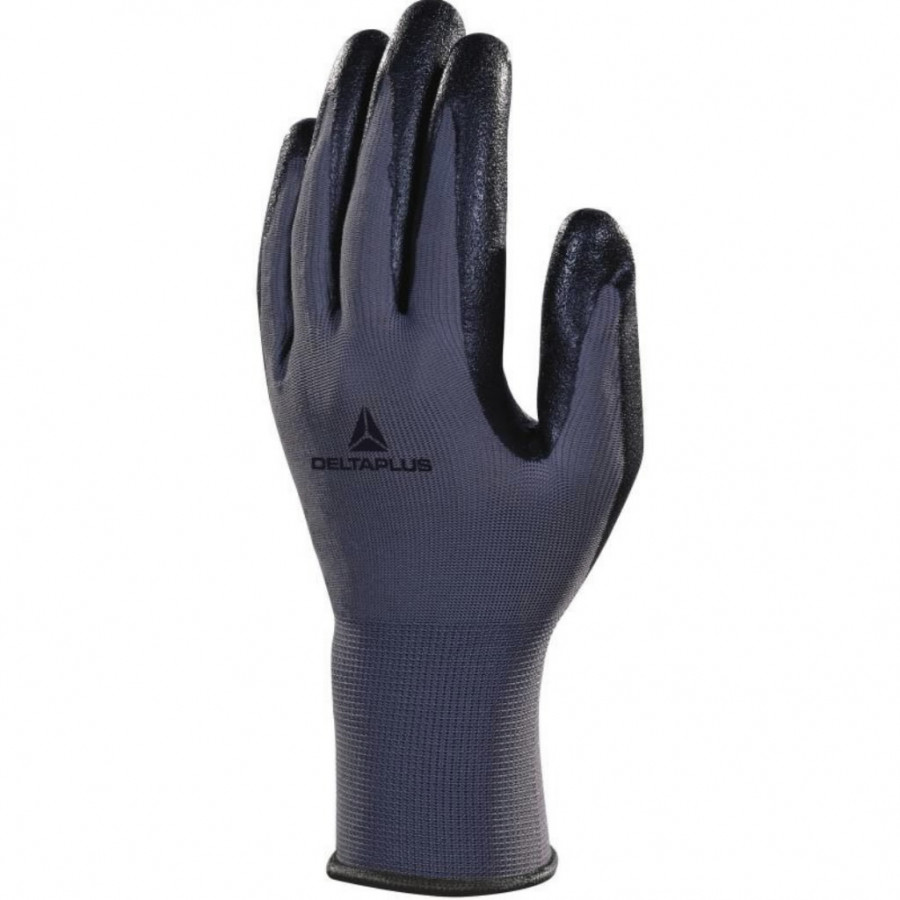 Gloves, polyester knitted, nitrile coating palm, grey/black 10, Delta Plus
