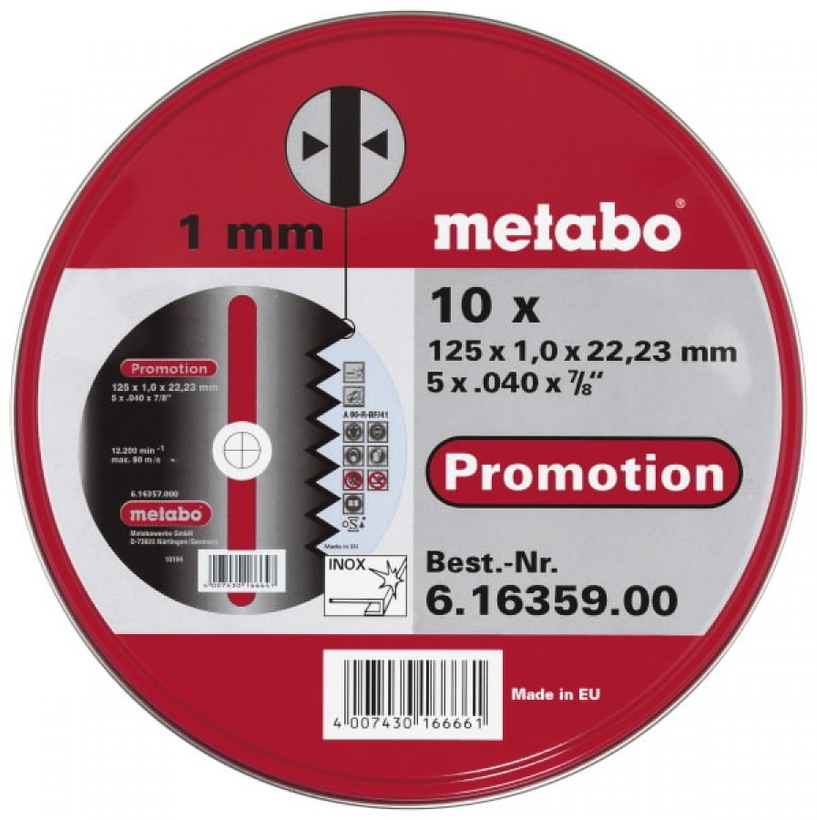Cut-off wheel Inox in metal box 10pcs 125x1mm, Metabo