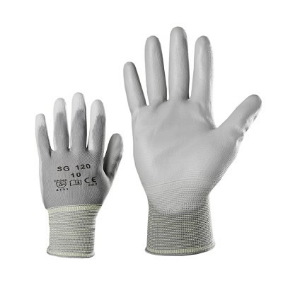 Polyester gloves, elastic, PU in palm, grey 7