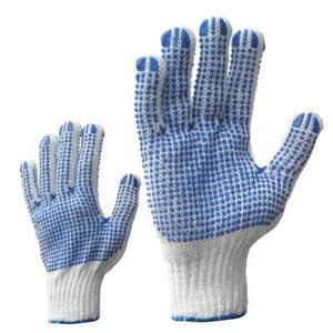 Gloves, woven cotton, blue PVC dots on both sides, Bleached 10, KTR