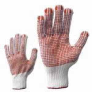 Gloves, woven cotton, blue PVC dots on both sides, Bleached