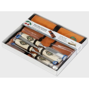 Firmer chisel set in leather roll 