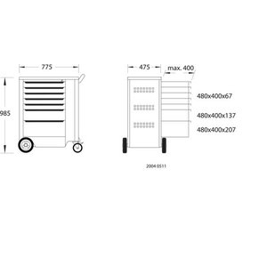 Įrankių vežimėlis 2004 0511 E, 7 stalčiai, 985x775x475 mm 