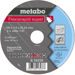 Griezējdisks INOX 125x0.8x22 mm, A 60-U. INOX, Metabo