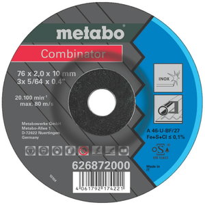 Griezējdisks un slīpdisks tēraudam Combinator 3gab. 76x2,5/10mm,,,,,,,,,,,, Metabo