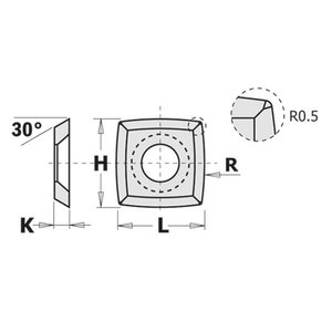 Kietmetalio peiliai 15x15x2,5 R150+0.5 30° HM HW-K1920 