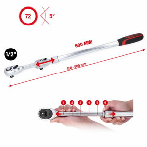 1/2´´ Telescopic reversible ratchet, extra long, 72 teeth 
