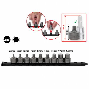 3/8´´ bit hexagon socket set, short, 9 pcs, 4 – 14 mm