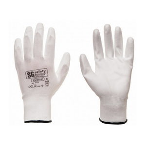 Polyester gloves, elastic, PU in palm, white
