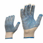 Gloves, woven cotton, blue PVC dots on both sides. 10