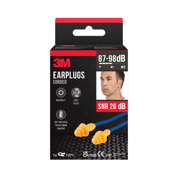 Corded Earplugs 1271, three flange design, reusable, retail pack SNR 25dB 1