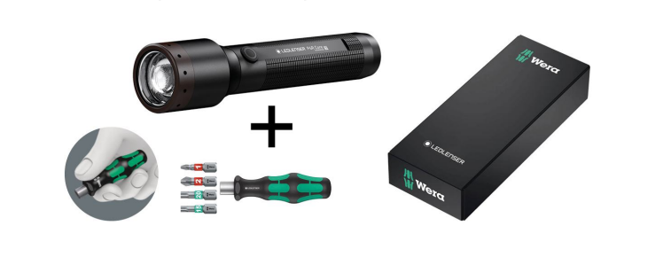 Flashlight P6R CORE, rechargeable, IP68, 900lm+WERA Gift set, LED Lenser