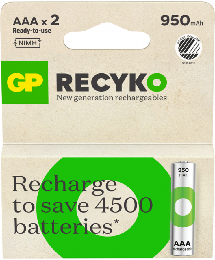 Lādējamās baterijas AAA/R03, 1,2V, 950 mAh, ReCyko, 2 gab., GP