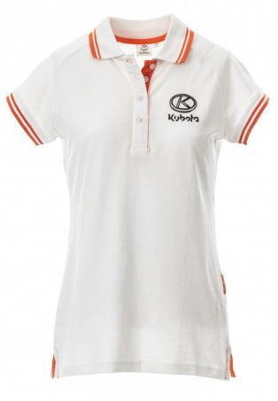 Womens polo, white with orange piping KUBOTA M, Kubota